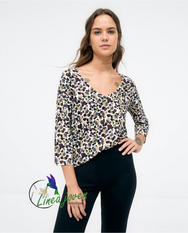 Tops Mujer Con Cuello En V Tres Cuartos Manga 3/4 Camiseta E